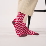Checked combed cotton socks - Red and pink