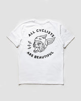 All Cyclists Are Beautiful T-Shirt Weiß von NKSP – Rückenprint mit Raubkatze