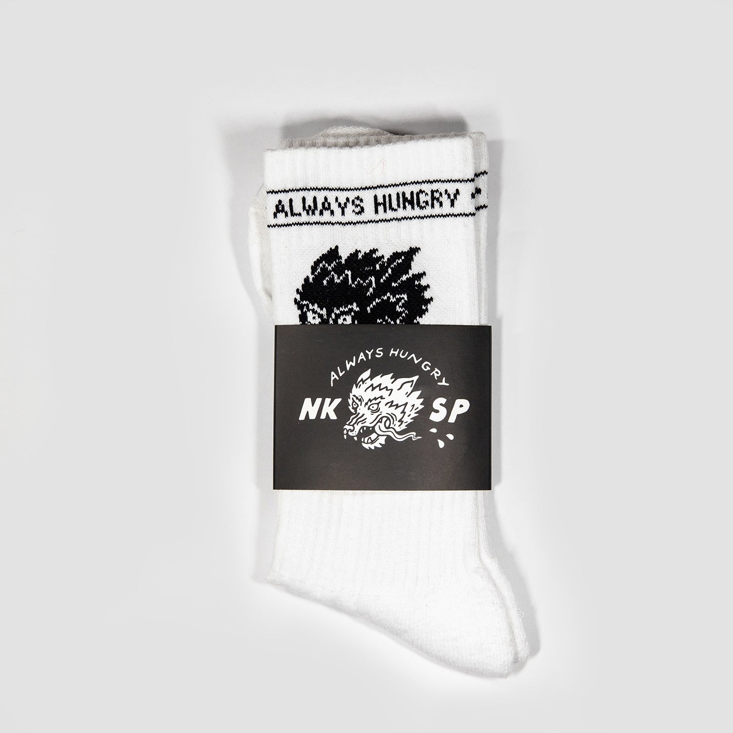 Always Hungry Socken Weiß von NKSP – Paar mit Banderole und Wolfsmotiv