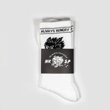 Always Hungry Socken Weiß von NKSP – Paar mit Banderole und Wolfsmotiv