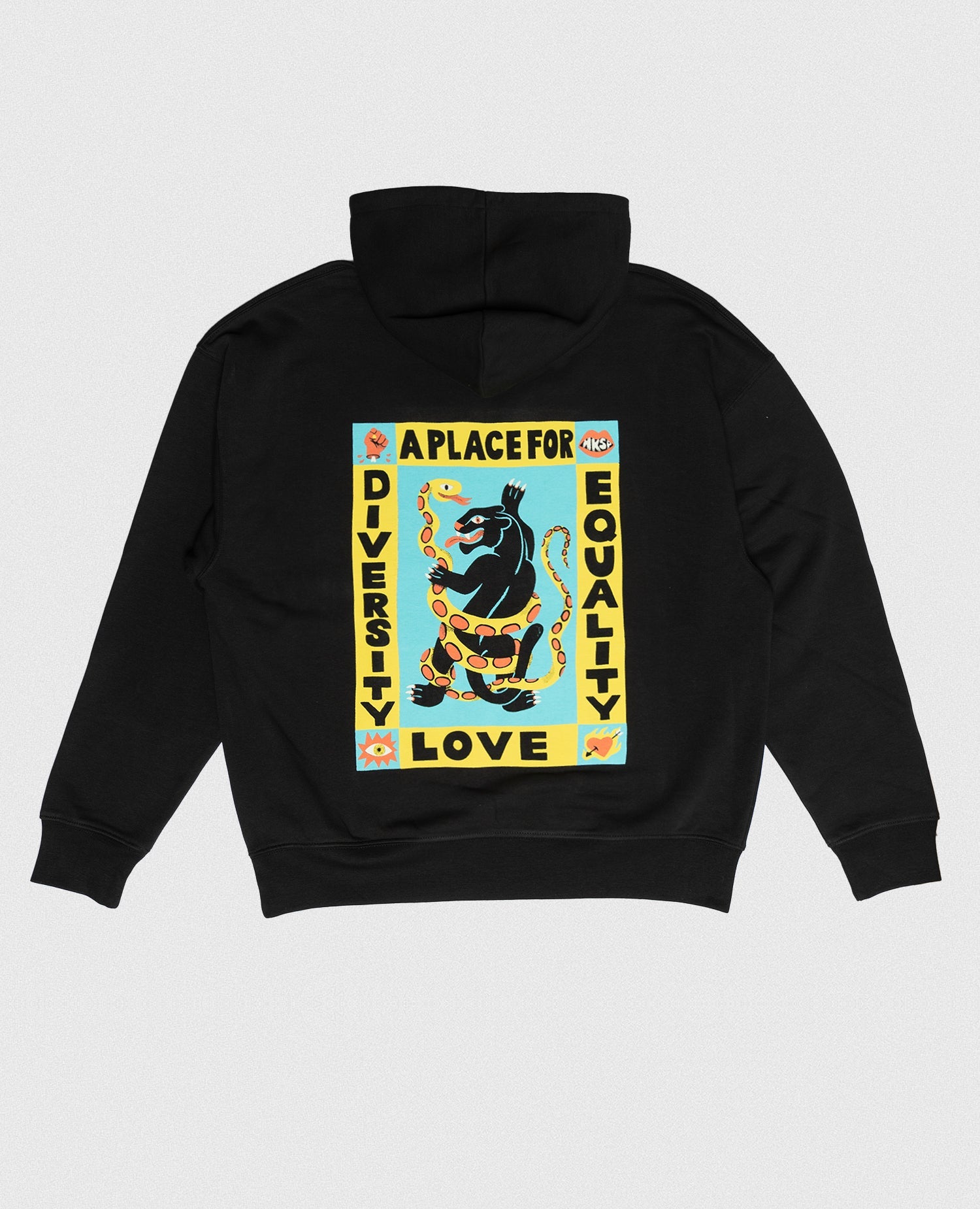 A Place For Diversity Hoodie Schwarz von NKSP – Rückansicht flach gelegt mit buntem Druck