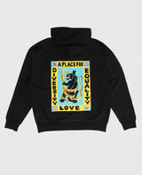 A Place For Diversity Hoodie Schwarz von NKSP – Rückansicht flach gelegt mit buntem Druck