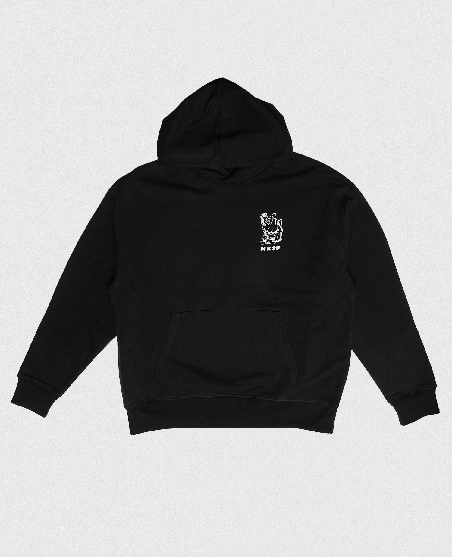 A Place For Diversity Hoodie Schwarz von NKSP – Vorderansicht flach gelegt mit weißem Brustdruck und Kängurutasche