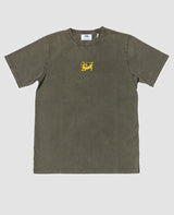Chaos T-Shirt Vintage Khaki von NKSP – Vorderansicht flach gelegt mit Tiger-Stickerei