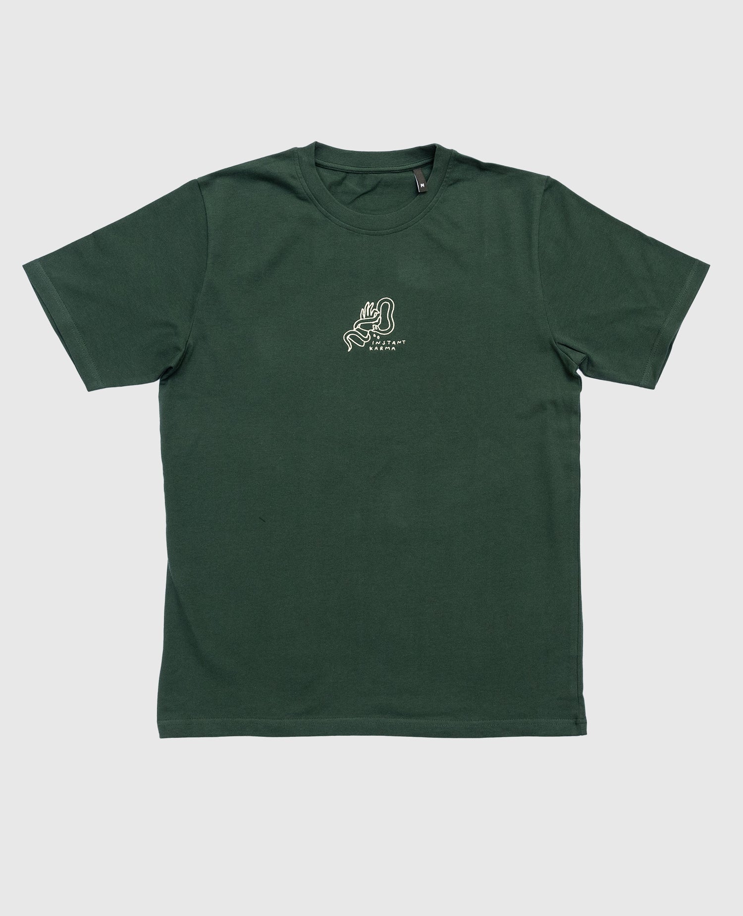 Instant Karma T-Shirt Dunkelgrün von NKSP – Vorderansicht flach gelegt