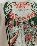 Wiener Märkte T-Shirt Off-White von NKSP – Nahaufnahme des Backprints mit Marktständen und Obst