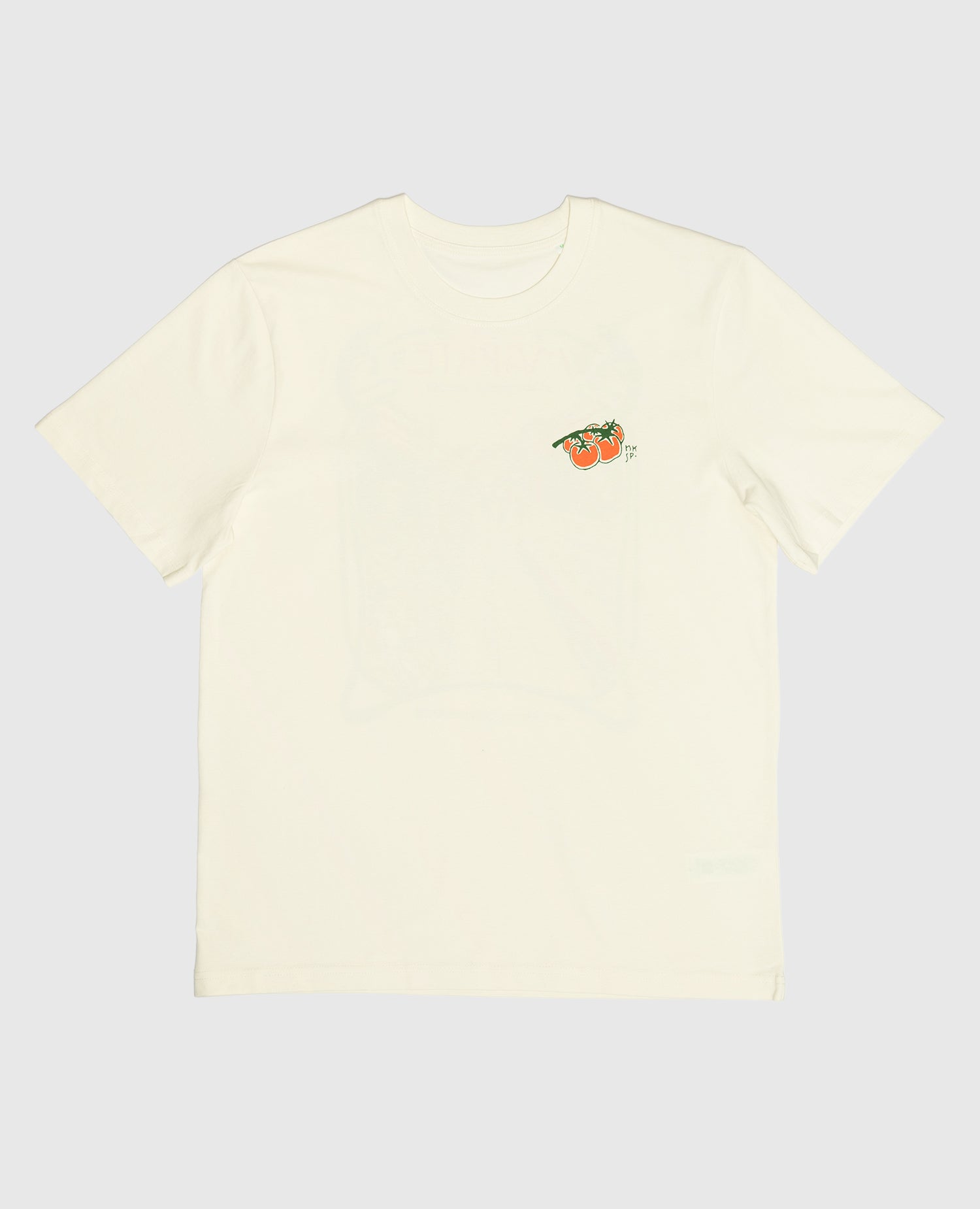 Wiener Märkte T-Shirt Off-White von NKSP – Vorderansicht flach gelegt mit Paradeiser-Print