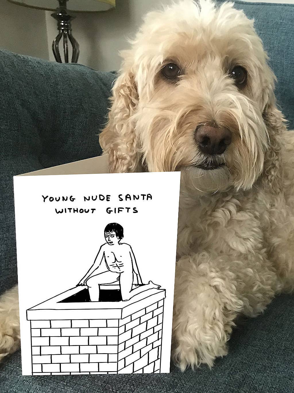David Shrigley Lustige Weihnachtskarte — junger nackter Weihnachtsmann